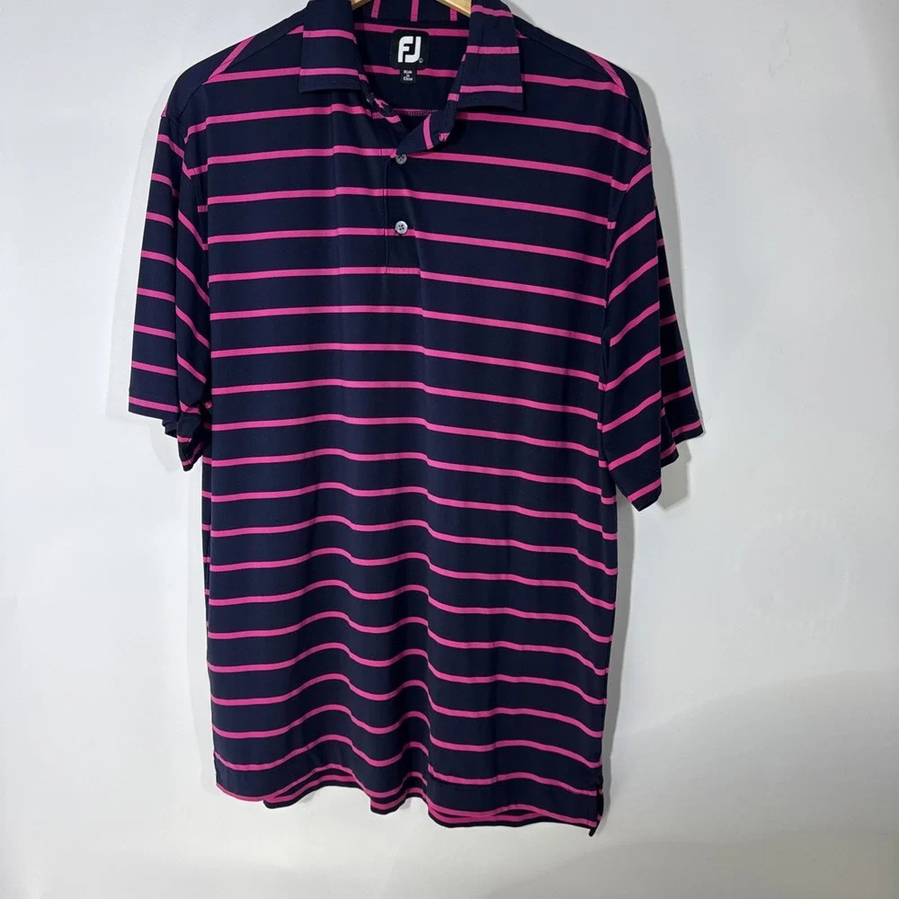 FootJoy Mens Large ProDry Golf Polo Shirt Navy Pink Striped Honeybrook Golf Club